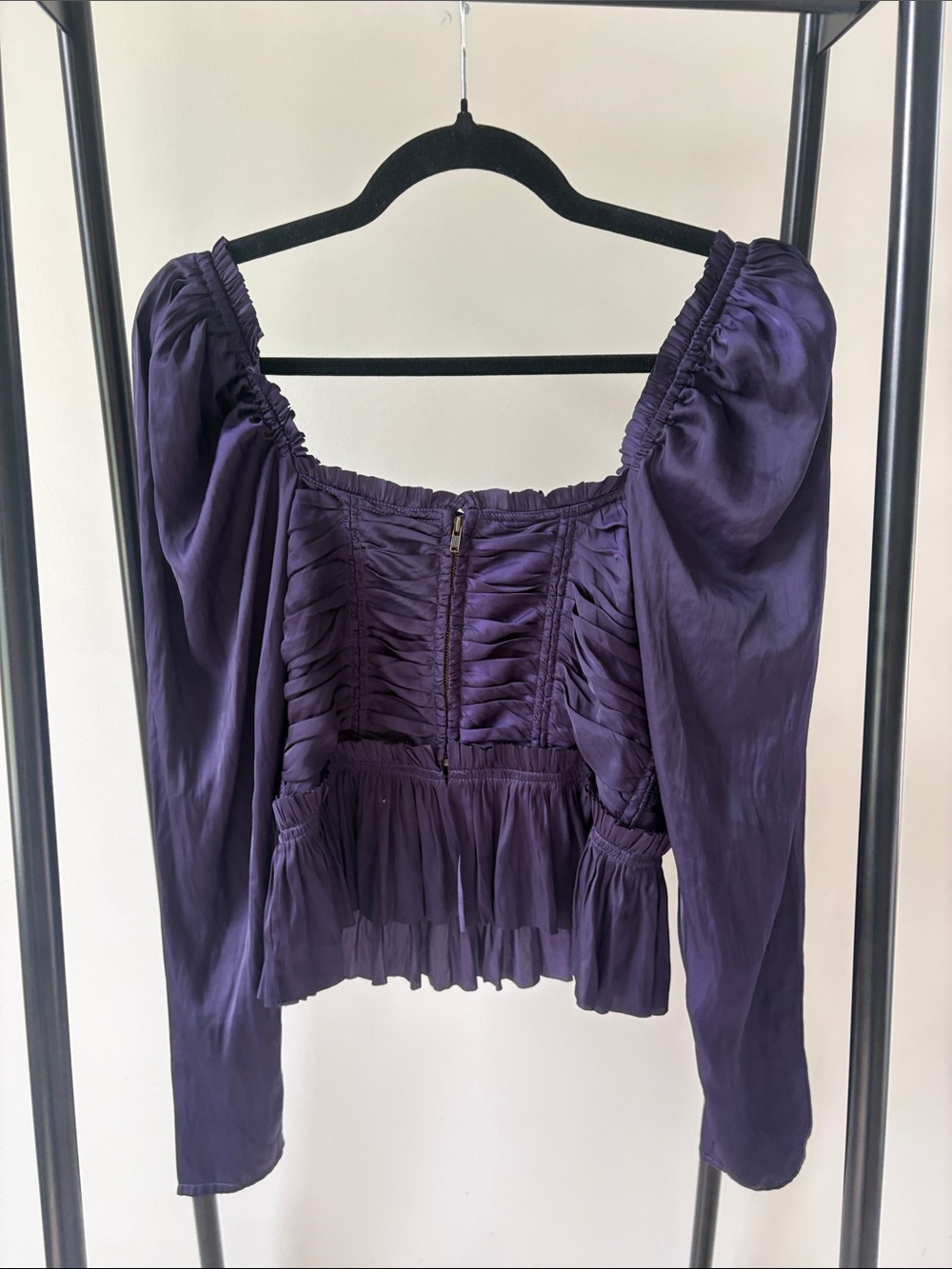 Ulla Johnson Mia Ruched Satin Peplum Blouse in Purple - Picture 5 of 10